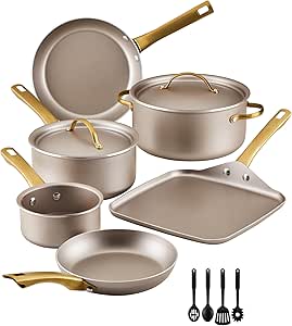 Farberware Radiant Nonstick Cookware/Pots and Pan Set with Lids and Prestige Kitchen Cooking Tools, Dishwasher Safe, 12 Piece, Champagne