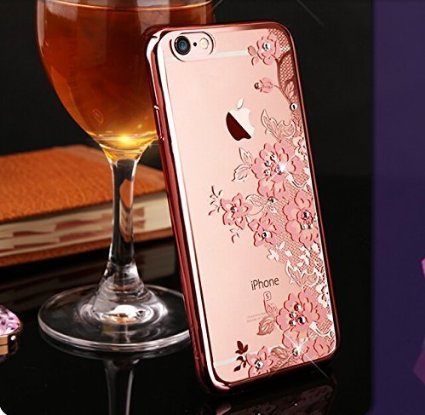 iPhone 6 Case, 6s Bling Case, V-Fyee [Garden Series] Slim Dual TPU Rubber Back Cover with Clear Fower Glitter Bling Sparkle Stone Diamond Case for iPhone 6 / 6s 4.7 inch - Rose Gold