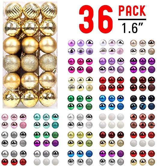walsport Christmas Balls Ornaments for Xmas Tree - 36ct Plastic Shatterproof Baubles Colored and Glitter Christmas Party Decoration 1.6inch Set (Gold)