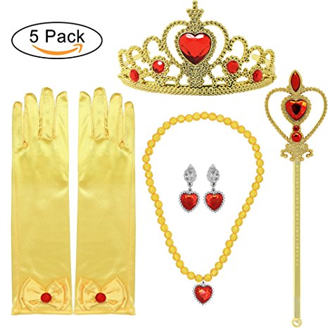 Tacobear Princess Dress Up Accessories Gift Set For Belle Crown Scepter Necklace Earrings Gloves, Yellow, 5 Pieces