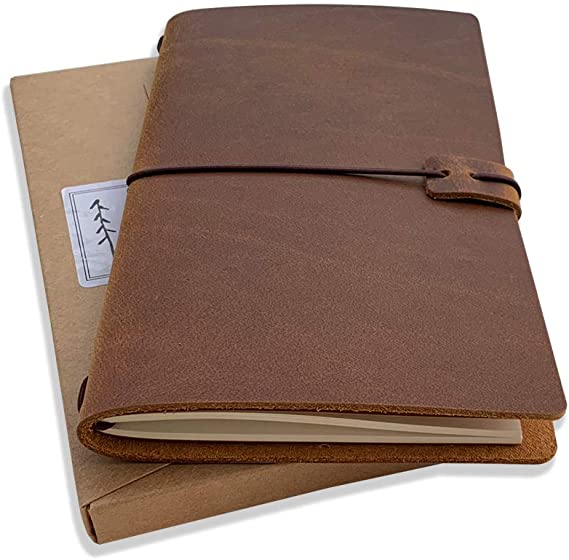 Refillable Leather Travelers Notebook - Standard Size Travel Journal with Lined Insert, 8.5 x 4.5 Inches, Brown