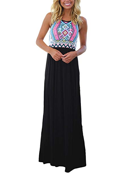 Asvivid Women's Sleeveless Aztec Print Summer Beach Dress Casual Maxi Long Dresses