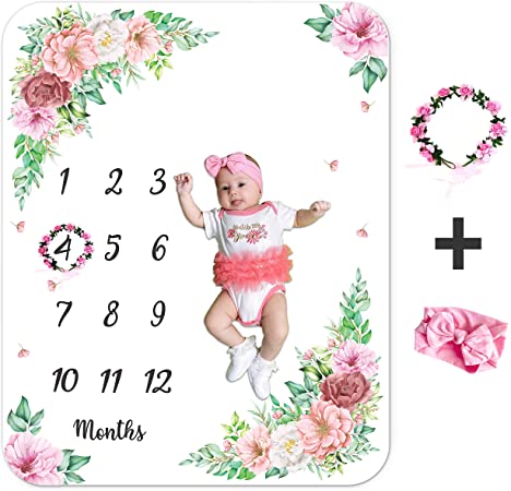 Baby Monthly Milestone Blanket Girl Boy, Month Age Blankets Unisex, Customized Baby Growth Chart Blanket for Newborn, Soft Flannel Fleece Babies Blanket for Photo Props with Flower Wreath&Headband