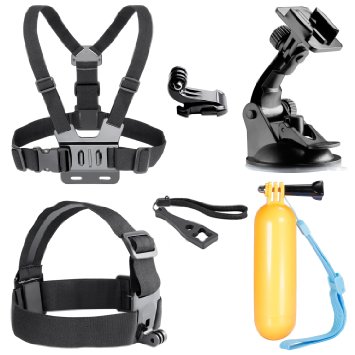 Neewer® 6-In-1 Outdoor Sports Accessories Kit for GoPro HD Hero4 Black/Silver Hero 4 3  3 2 1, SJ4000 SJ5000, SJ6000 Sports Cameras, Includes: Head Strap Belt Mount   Chest Strap Belt Mount   Surface J-hook Buckle   Car Suction Cup Mount Holder   Floating Handle Grip   Long Screw   Wrench