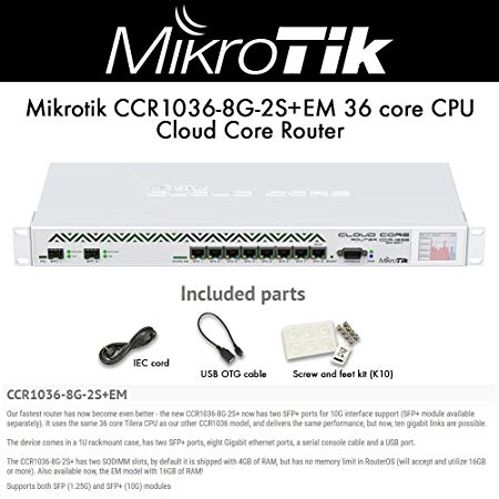 MikroTik - CCR1036-8G-2S EM - 36 core CPU, Cloud Core Router, 8x Gigabit ports, 2x SFP  ports, Color touchscreen LCD, 16GB memory installed.