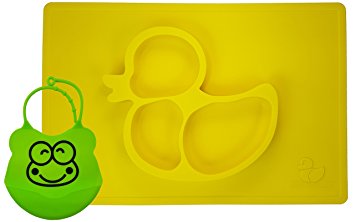 One Piece Silicone Fun Placemat & Plate/Tray with Bib - Self Suction - Yellow Duck Design by Elm Tree for Kids, Toddlers & Babies