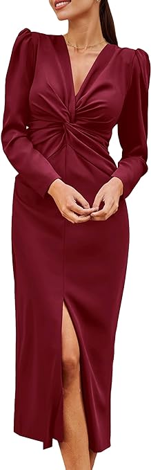 PRETTYGARDEN Women's Fall Fashion 2023 Long Puff Sleeve Maxi Dresses V Neck Twist Front Formal Dress with Slit