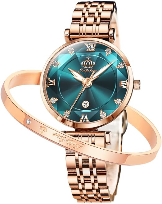 Fate Love Ladies Watches UK Bracelet Set Dress Gift Wrist Watches for Women Quartz Rose Gold Stainless Steel Green Designer Female