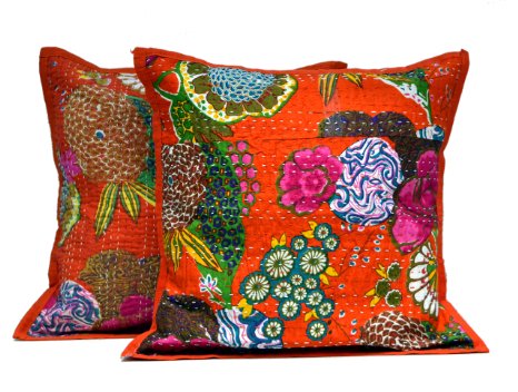 2 Orange Indian Kantha Stitch Handmade Floral Decorative Throw Pillow Cases Cushion Covers