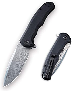 CIVIVI Praxis Damascus Pocket Knife,3.75" Flipper Liner Lock Knife with G-10 Handles, Reversible Clip for Everyday Carry, Hunting and Outdoor Use C803DS (Black)