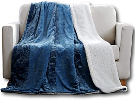 Tache Sherpa Dusty Blue Throw Blanket - Rainy Day - Elegant Embossed Solid Soft - Twin Size - 63x87 Inch