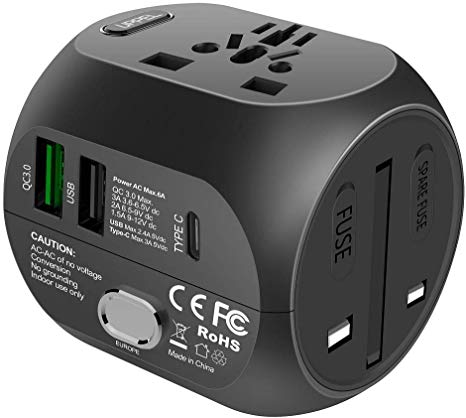 Adapter Plug, Travel Adapter Universal USB Plug Travel Charger QC3.0  USB TYPE-C Three Ports Power Adapter Double Fuse Safety for Plugs with EU, AU, Asia, US, UK About 150 Countries -UPPEL(Black)