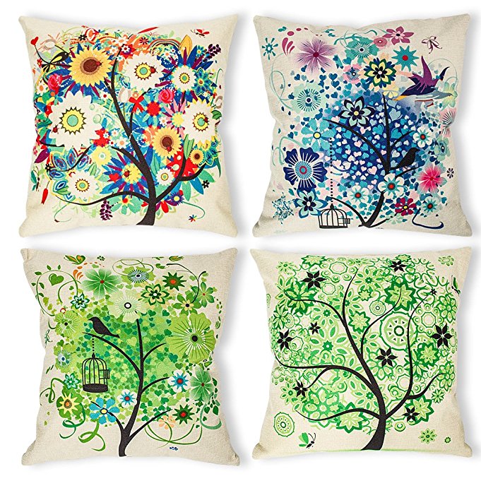Throw Pillow Covers Decorative Pillowcases 18x18inch (4 pieces set) Pillow Cases Home Car Decorative (Colorful Tree)