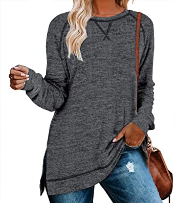 LERUCCI Womens Casual Long Sleeve Loose Fall Pullover Side Split Tunic Tops