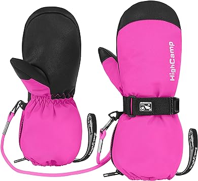 HIGHCAMP Kids Ski Mittens Waterproof Winter Snow Gloves with Zipper and String on Long Cuff for Toddler Boys Girls