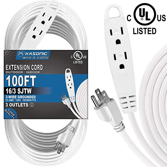100-Feet 3 Outlet Extension Cord, Kasonic UL Listed, 16/3 SJTW 3-Wire Grounded, 13 Amp 125 V 1625 Watts, Multi-Outlet Indoor/Outdoor Use