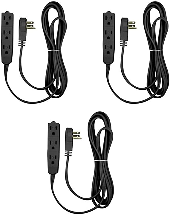 BindMaster 8 Feet Extension Cord/Wire, 3 Prong Grounded, 3 outlets, Angled Flat Plug, Black (3 Pack)