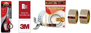 Scotch 3M Double Sided Foam Tape & stainless steel blades Scissors & Packing Tape (Pack of 2)