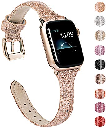 Wearlizer Rose Gold Leather Compatible with Apple Watch Bands Series 5 4 40mm Series 3 38mm for iWatch Womens Shiny Slim Smooth Wristband Bling Glitter Strap (Gold Clasp) for Series 2 1 Edition Sport