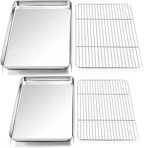 P&P CHEF Baking Sheets with Racks Set of 2, Stainless Steel Cookie Sheet Baking Tray Pan and Cooling Rack, Healthy & Easy Clean, 2 Sizes (16”   12.5”)