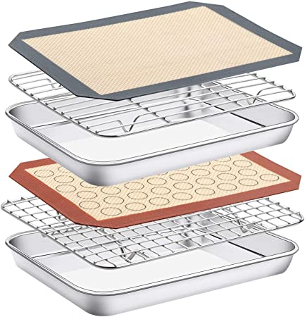 Stainless Steel Baking Sheet with Rack Set & Silicone Mat, Set of 6[2 Sheets  2 Racks 2 Mats],Size 9x7x1 Inch, Estmoon Cookie Sheet Baking Pan Tray with Cooling Rack Non Toxic & Heavy Duty ,Oven Safe.