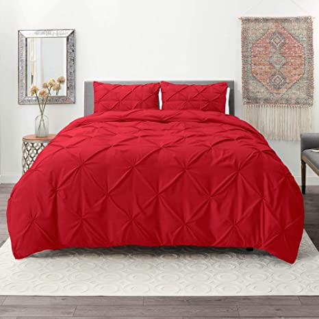 Nestl Pintuck Duvet Cover Set - Pintuck Comforter Cover - 3 Piece Pinch Pleat Duvet Cover with 2 Pillow Hems - Ultra Soft Microfiber - King - Red