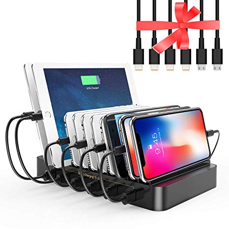 Charging Station 10 Ports USB Dock - 60W Multi-Port Stand Desktop Organizer with Built-in Retractable Cables Charges Multiple Devices for iPad, Samsung, Tablet, Kindle