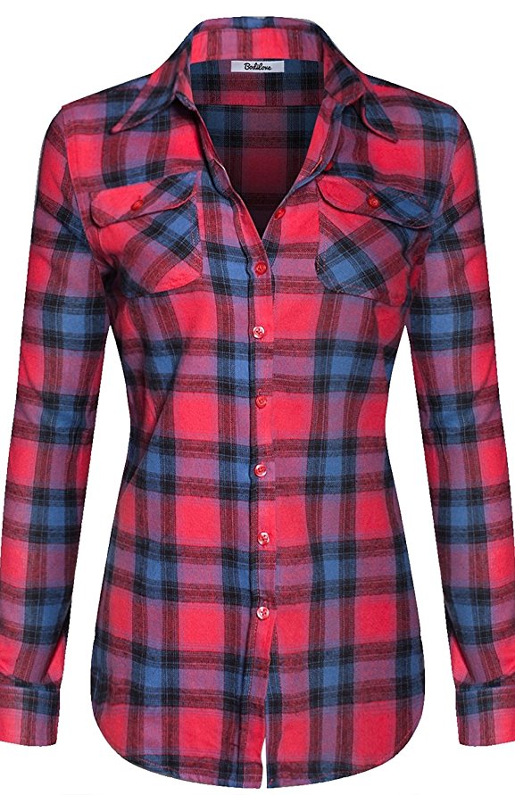 BodiLove Women's Warm Flannel Long Roll Up Sleeve Button Up Plaid Shirt