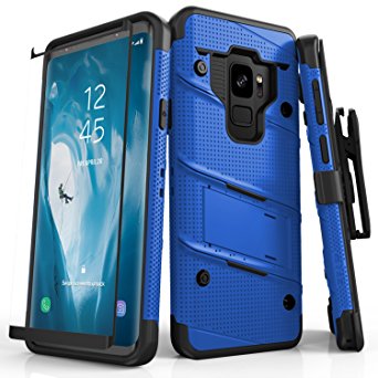 Zizo Bolt Series Samsung Galaxy S9 Case - Full Curved Glass Screen Protector with Holster and 12ft Military Grade Drop Tested (Blue & Black)