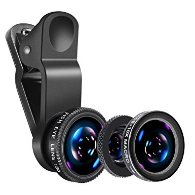 Phone Camera Lens - Luxsure Universal 3 in 1 Phone Lens Kit (180 Degree Fisheye Lens, 0.65X Super Wide Angle Lens,10X Macro Lens) for iPhone 7/6s Plus/6s/6/6 Plus,Samsung & Most Smartphones (Black)