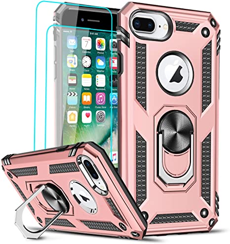 LeYi Compatible for iPhone 8 Plus Case, iPhone 7 Plus Case, iPhone 6 Plus Case with [2Pack] Tempered Glass Screen Protector, Military-Grade Phone Case with Ring Kickstand for iPhone 6s Plus, Rose Gold