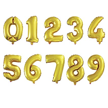AnnoDeel 10 pcs 16inch Number Gold Balloons, 0~9 Gold Foil Balloons for Birthday Wedding Party Decorations Number Balloons