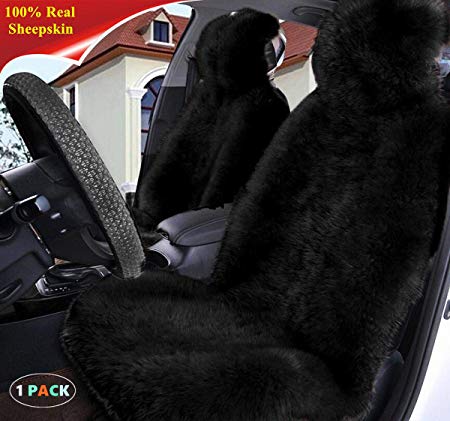 Sisha Winter Warm Authentic Australia Sheepskin Car Seat Cover Luxury Long Wool Front Seat Cover Fits Most Car, Truck, SUV, or Van (Black)