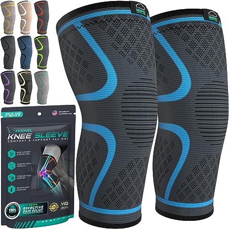 MODVEL 2 Pack Knee Compression Sleeve | Best Knee Brace | Knee Support for Arthritis, ACL, Meniscus Tear, Running, Biking, and Sports | Joint Pain Relief.