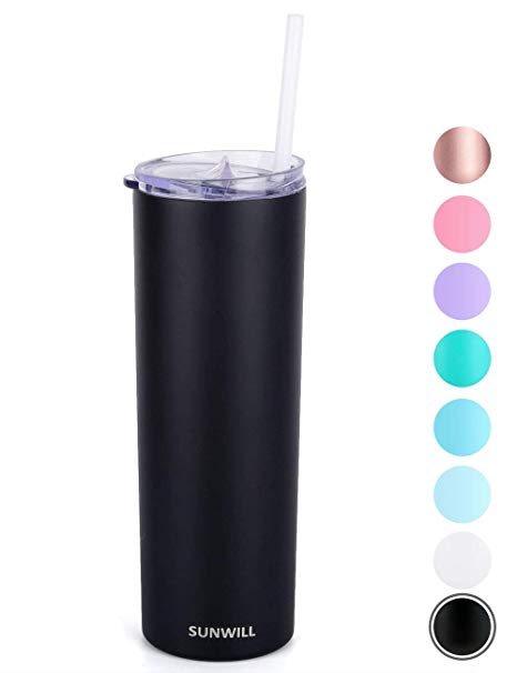 SUNWILL Straw Tumbler Skinny Travel Tumbler with Lid, Vacuum Insulated Double Wall Stainless Steel 20oz for Coffee, Tea, Beverages, Black