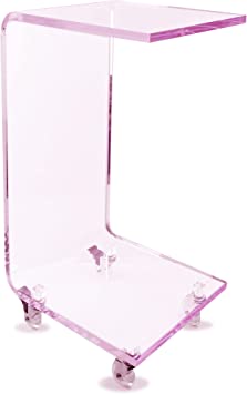 Acrylic C Table - Small Side Table Living Room Decor - Slim C-Shaped End Table for Sofa with Wheels - Drink Table, TV Tray Table, Horizontal Laptop Stand for Couch (Pink Edge)