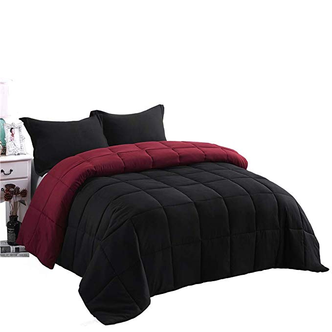 HIG 2pc Down Alternative Comforter Set - All Season Reversible Comforter with One Sham -Quilted Duvet Insert with Corner Tabs -Box Stitched -Hypoallergenic, Soft, Fluffy(Twin/Twin XL, Black/Burgundy)