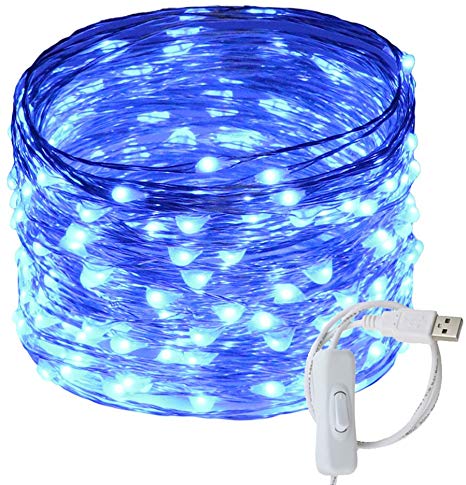 Ruichen Fairy Lights USB Plug Power 66Ft 200 LED Silver Wire Starry String Lights with ON/Off Switch for Bedroom Indoor Outdoor Decorative(Blue)