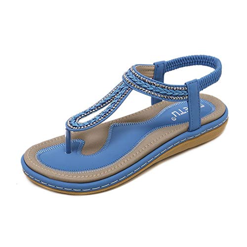 Wollanlily Women's Rhinestone Thong Elastic Sandals Summer Beach Bohemia T-Strap Flip Flops Flat Shoes