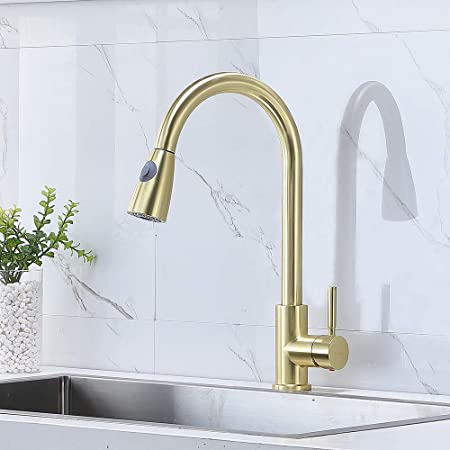 Comllen Commercial Single Handle High Arc Brushed Gold Pull out Kitchen Faucet,Single Level Stainless Steel Kitchen Sink Faucet With Pull Down Sprayer Without Deck Plate