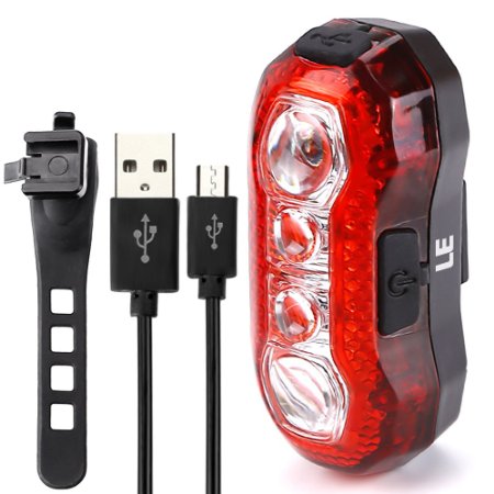 LE 3W USB Rechargeable LED Bike Tail Light, Waterproof Rear Bike, 4 LEDs, 5 Light Modes, USB Cable Included, Fits on any Bicycles, Helmets or Backpacks, Used for Safety and Warning