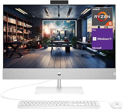 HP Pavilion All-in-One Business Desktop, 27” FHD Display, AMD Ryzen 5 5500U Processor, 16GB RAM, 1TB SSD, Wi-Fi 6, Webcam, HDMI, RJ-45, Wired KB & Mouse, Windows 11 Pro, White