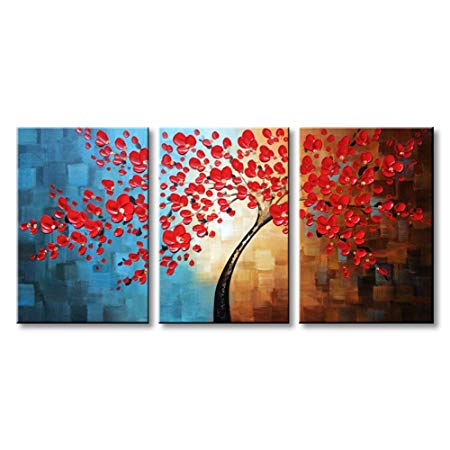 Winpeak Art Huge Hand-Painted Abstract Oil Painting Modern Plum Blossom Artwork Floral Canvas Wall Art Hangings Stretched and Framed (72" W x 36" H (24"x36" x3pcs), Red)
