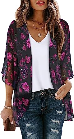 Women's Floral Print Puff Sleeve Kimono Cardigan Loose Cover Up Casual Blouse Tops