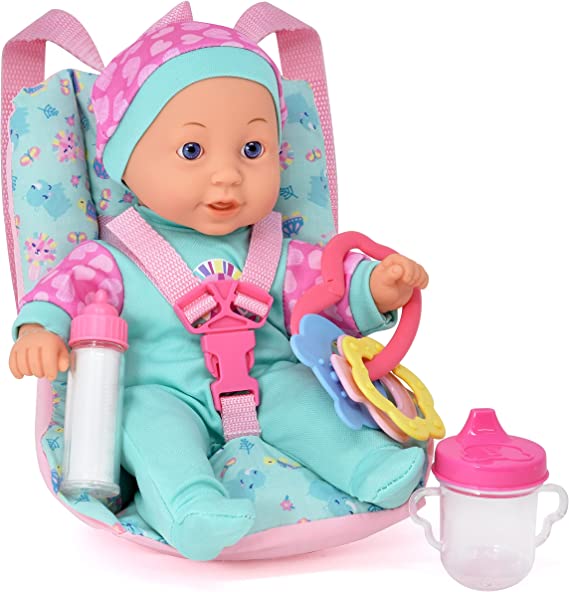 Soft Body Baby Doll for Toddlers with Take Along Doll Backpack Carrier Accessories, Interactive 12 Inch Infant Doll with Car Booster Seat for Girls 2 3 4 5 Year Old