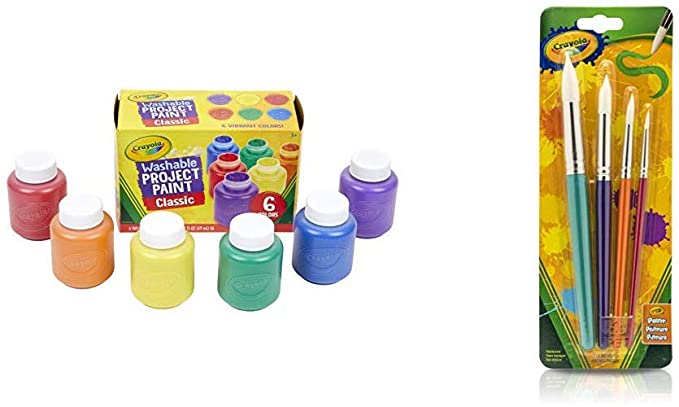 Crayola Washable Kids Paint, Classic Colors, 6 Count, Painting Supplies, Gift & Big Paint Brushes (4 Count Round), Great for Kids