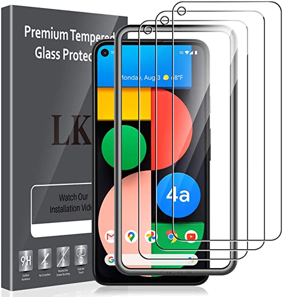 4 Pack LK 3pcs Screen Protector Tempered Glass and 1pcs Installation Tray Compatible with Google Pixel 4a 5G 6.2-inch, Not Compatible with Pixel 4a 4G 5.8-inch, Tempered Glass, Easy Frame Installation