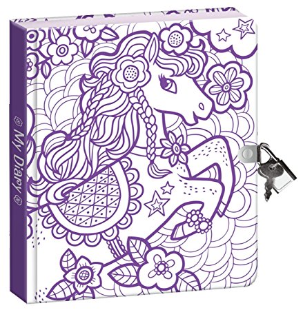 Peaceable Kingdom Pretty Pony Color-In Shiny Foil Cover 6.25" Lock and Key, Lined Page Diary for Kids