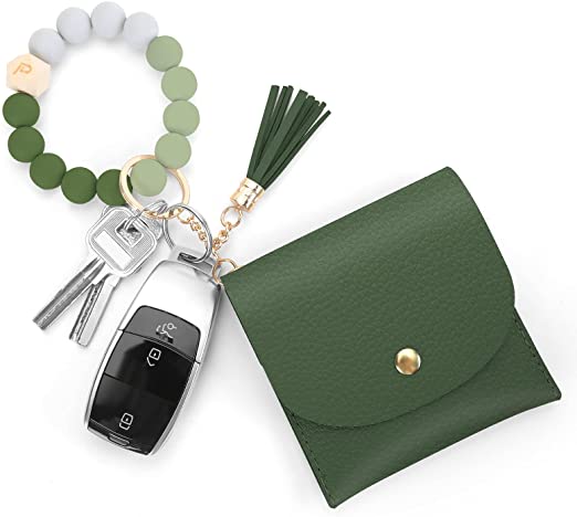 Keychain Bracelet, Key Ring Wristlet Bracelet wallet for Women Silicone Beaded Bangle Keychain Wallet (Gift Box)
