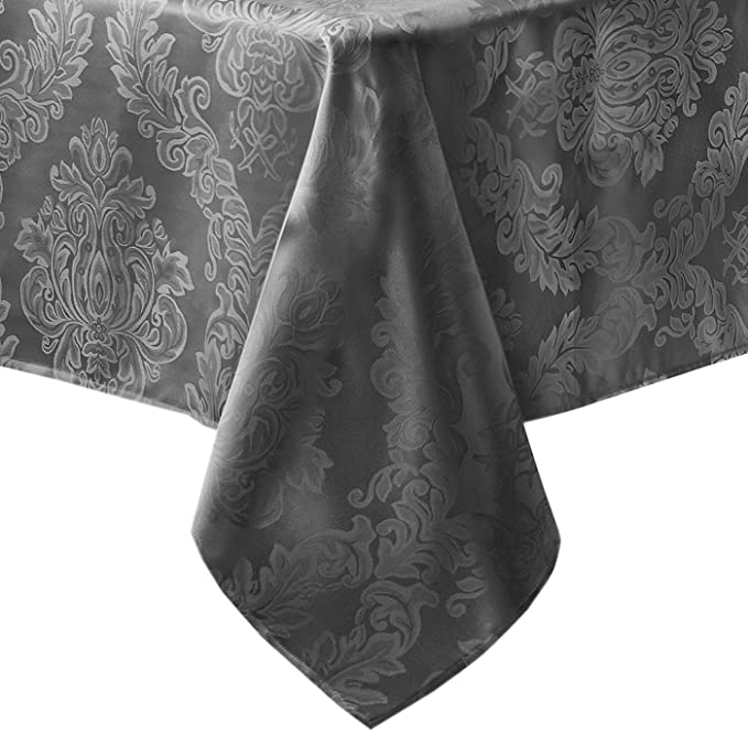 Newbridge Barcelona Luxury Damask Fabric Tablecloth, 100% Polyester, No Iron, Soil Resistant Holiday Tablecloth, 60 Inch x 84 Inch Oblong/Rectangle, Gray